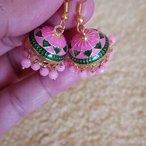 Pink and Green Floral Jhumka Earrings